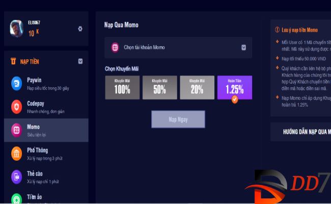 Nạp tiền dd7 thông qua momo