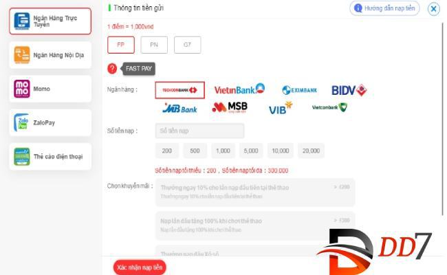 Phương thức nạp tiền nhanh gọn tại nhà cái DD7